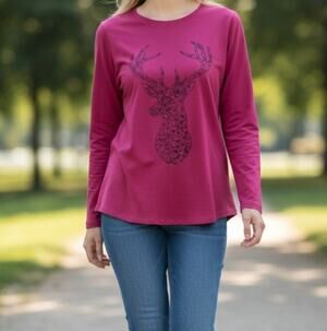Hanes Pink Reindeer Pullover Long Sleeve Shirt Women's XXL Christmas